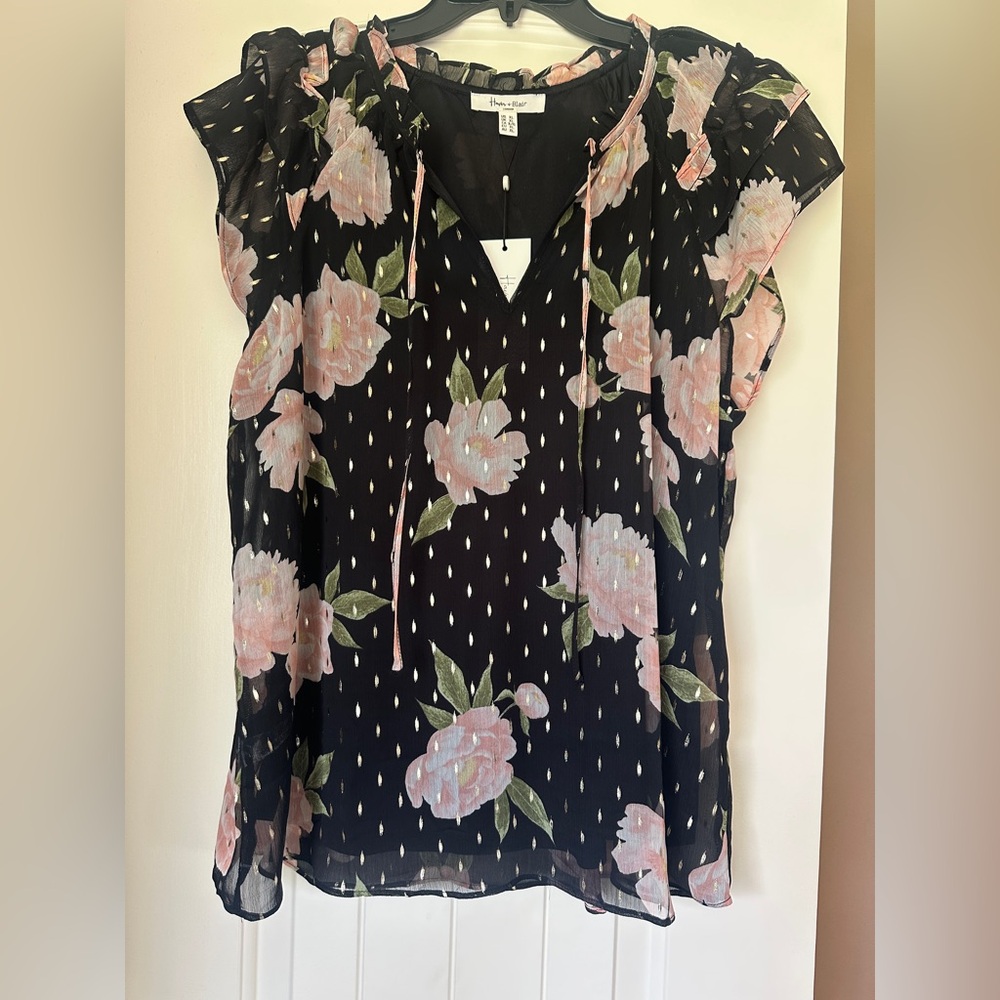 Black and White Ruffled Cap Sleeve Blouse